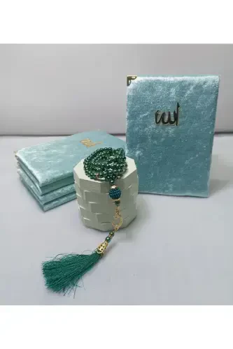 Gift 5 Velvet Covered Yasin Mawlid Book Pearl Rosary Tulle Pouched Mawlid Circumcision Umrah Hajj-S.Green - HIRA TASARIM (1)