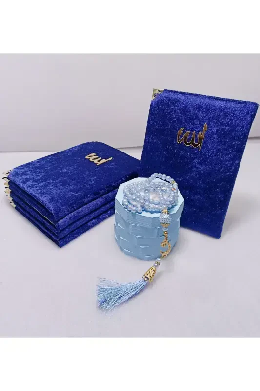 Gift 5 Velvet Covered Yasin Mawlid Book Pearl Rosary Tulle Pouches (Mawlid Sunnah Umrah Hajj)-Navy Blue - 2