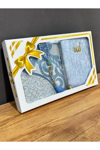 Gift Bundle Taffeta Fringed Blue Prayer Rug, Yasin, Rosary Set-Blue - 1