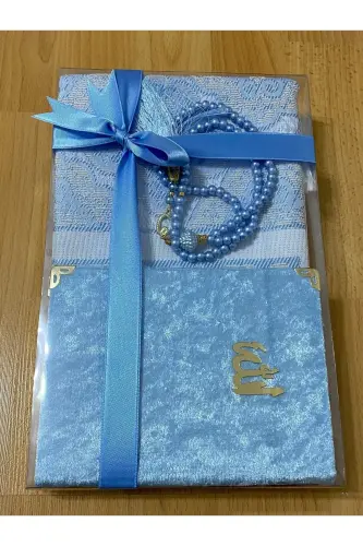 Gift Bundle Taffeta Fringed Blue Prayer Rug, Yasin, Rosary Set-Blue - AYHANHOME (1)