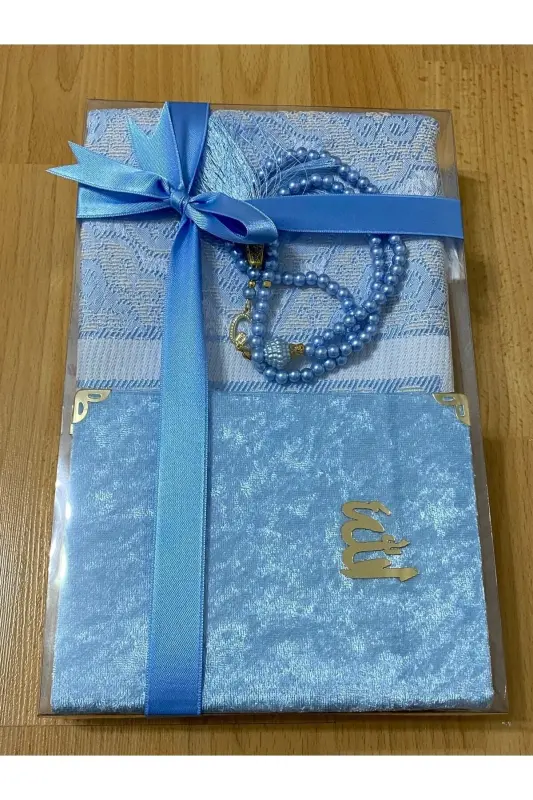 Gift Bundle Taffeta Fringed Blue Prayer Rug, Yasin, Rosary Set-Blue - 2