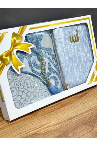 Gift Bundle Taffeta Fringed Blue Prayer Rug, Yasin, Rosary Set-Blue - 4