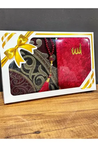 Gift Bundle Taffeta Fringed Bordeaux Prayer Rug, Yasin, Rosary Set-Bordeaux - 1