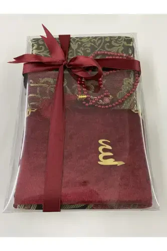 Gift Bundle Taffeta Fringed Bordeaux Prayer Rug, Yasin, Rosary Set-Bordeaux - AYHANHOME (1)