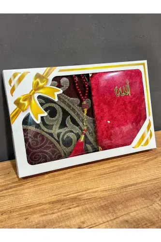 Gift Bundle Taffeta Fringed Bordeaux Prayer Rug, Yasin, Rosary Set-Bordeaux - 4