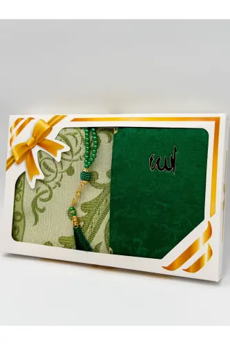 Gift Bundle Taffeta Fringed Prayer Rug, Yasin, Rosary Set-Light Green 