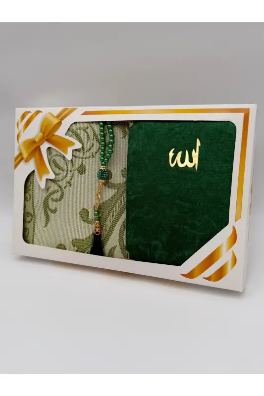 Gift Bundle Taffeta Fringed Prayer Rug, Yasin, Rosary Set-Light Green - 2