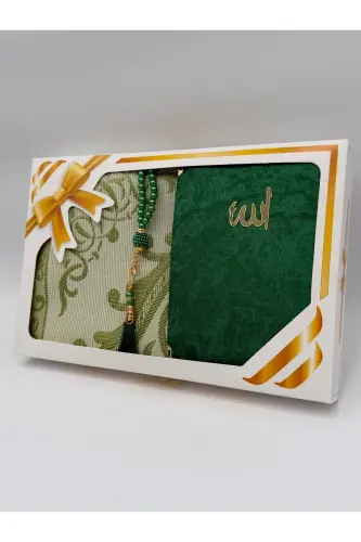 Gift Bundle Taffeta Fringed Prayer Rug, Yasin, Rosary Set-Light Green - 4