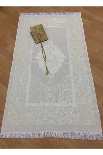 Gift Bundled Taffeta Fringe Gold Prayer Rug, Yasin, Prayer Beads Set - 2