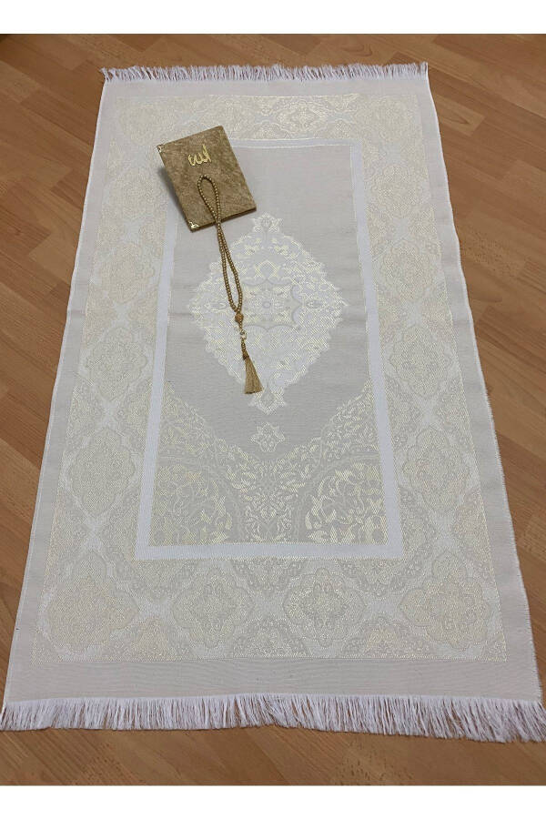 Gift Bundled Taffeta Fringe Gold Prayer Rug, Yasin, Prayer Beads Set - 2