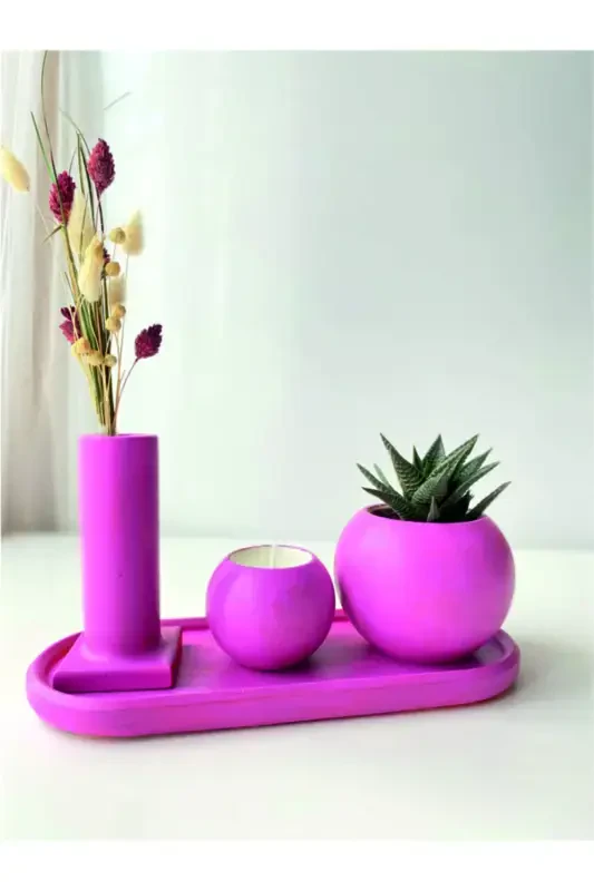 Gift Decorative Pot Set Candle Succulent Dried Plant Different Color Options-Pink - GENEL MARKALAR