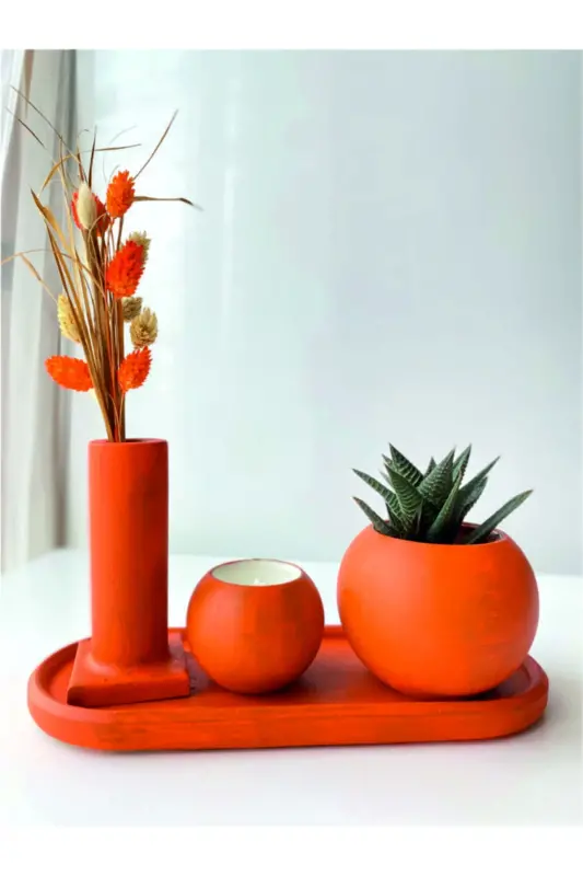 Gift Decorative Pot Set Candle Succulent Dried Plant-Orange - 1