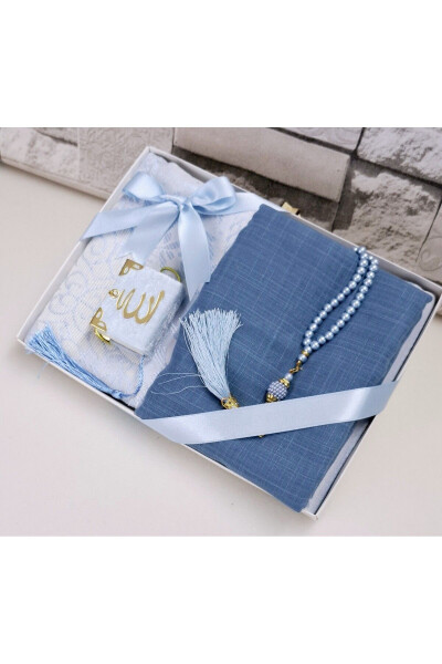 Gift Dower Set Taft Prayer Rug Pearl Rosary Mini Qur'an and Flare Scarf Bag and Mevlid Set 1 Piece - 1