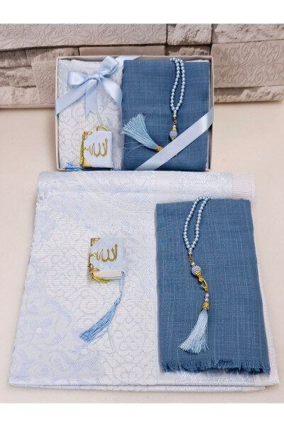 Gift Dower Set Taft Prayer Rug Pearl Rosary Mini Qur'an and Flare Scarf Bag and Mevlid Set 1 Piece - 3