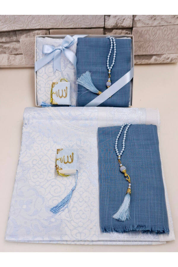 Gift Dower Set Taft Prayer Rug Pearl Rosary Mini Qur'an and Flare Scarf Bag and Mevlid Set 1 Piece - 3