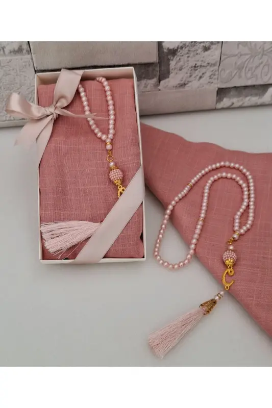 Gift, Dowry, Bundle, Bridal Bundle Flamed Headscarf Set Pearl Rosary Mevlid Set 1 Piece-Powder - HIRA TASARIM