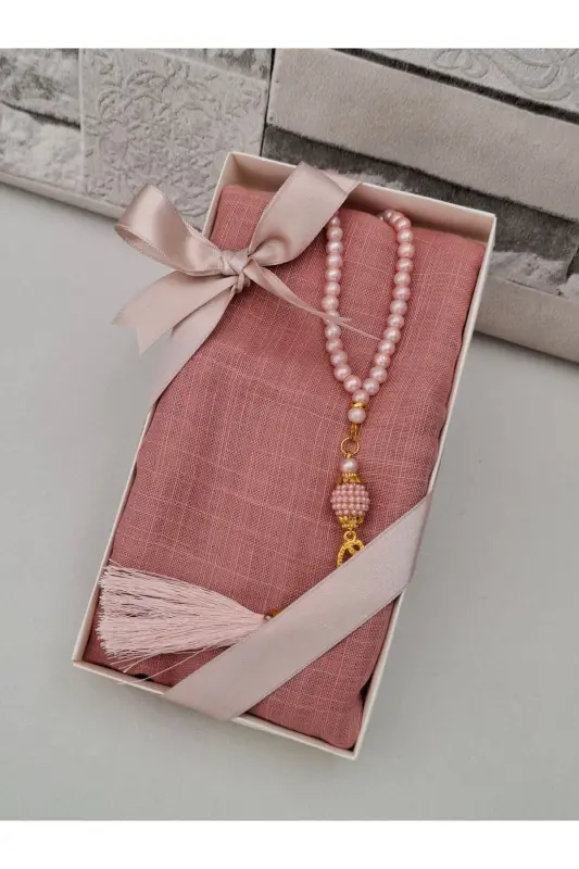 Gift, Dowry, Bundle, Bridal Bundle Flamed Headscarf Set Pearl Rosary Mevlid Set 1 Piece-Powder - 2