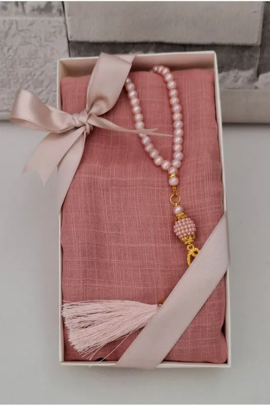 Gift, Dowry, Bundle, Bridal Bundle Flamed Headscarf Set Pearl Rosary Mevlid Set 1 Piece-Powder - 3