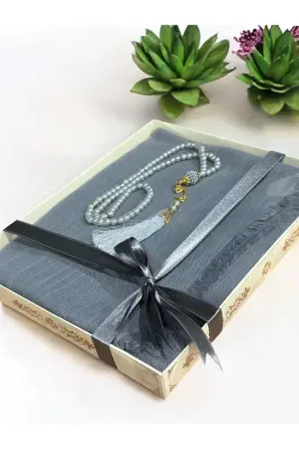 Gift, Dowry, Mevlut, Bundle, Bride Bundle Flamed Prayer Cover Rosary Set-GRAY - 1