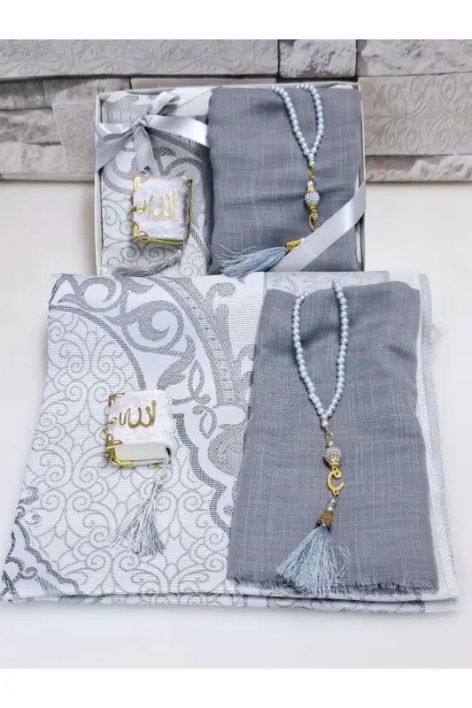 Gift Dowry Tafeta Prayer Rug Pearl Rosary Mini Quran And Pennanted Scarf Bundle And Mevlid Set 1 Piece - Gray - 3