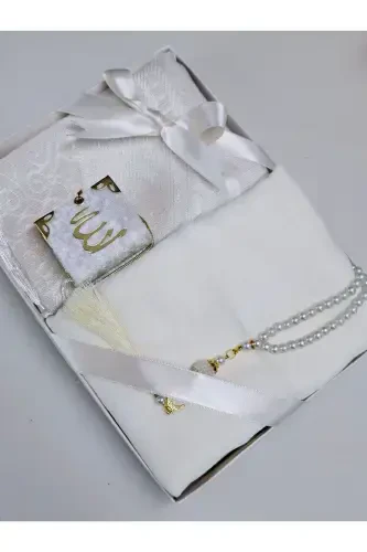 Gift Dowry Taffeta Prayer Rug Pearl Rosary Mini Quran And Scarf With Pennants Bundle And Mawlid Set 1 Piece-Cream - HIRA TASARIM (1)