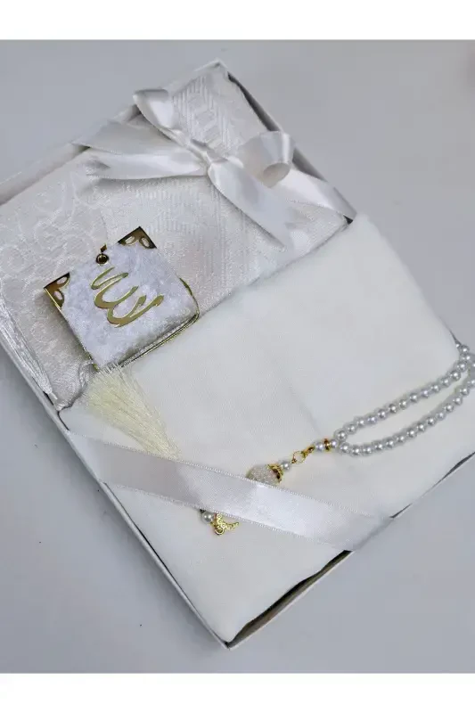 Gift Dowry Taffeta Prayer Rug Pearl Rosary Mini Quran And Scarf With Pennants Bundle And Mawlid Set 1 Piece-Cream - 2