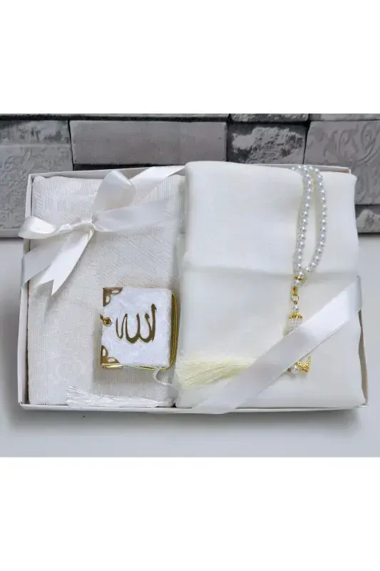 Gift Dowry Taffeta Prayer Rug Pearl Rosary Mini Quran And Scarf With Pennants Bundle And Mawlid Set 1 Piece-Cream - 4