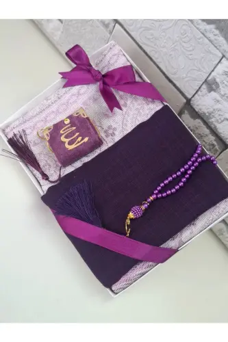 Gift Dowry Taffeta Prayer Rug Pearl Rosary Mini Quran and Scarf with Pennants Bundle and Mawlid Set 1 Piece-Purple 