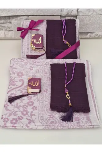 Gift Dowry Taffeta Prayer Rug Pearl Rosary Mini Quran and Scarf with Pennants Bundle and Mawlid Set 1 Piece-Purple - 3