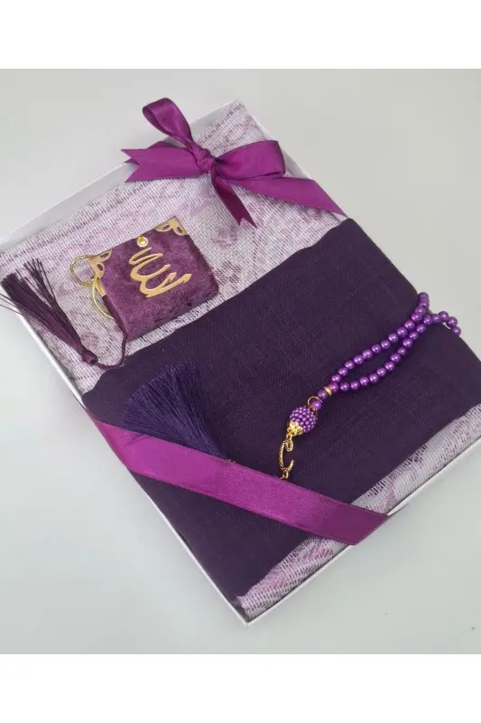 Gift Dowry Taffeta Prayer Rug Pearl Rosary Mini Quran and Scarf with Pennants Bundle and Mawlid Set 1 Piece-Purple - 4