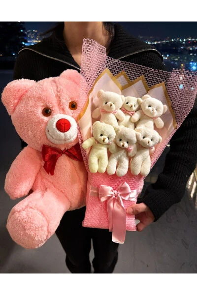 Gift for Girlfriend - 35cm Pink Teddy Bear and 6 Teddy Bear Bouquet - Birthday Gift - 1