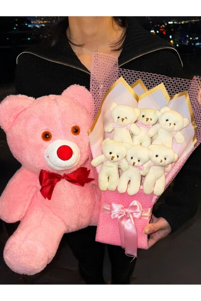 Gift for Girlfriend - 35cm Pink Teddy Bear and 6 Teddy Bear Bouquet - Birthday Gift - 2