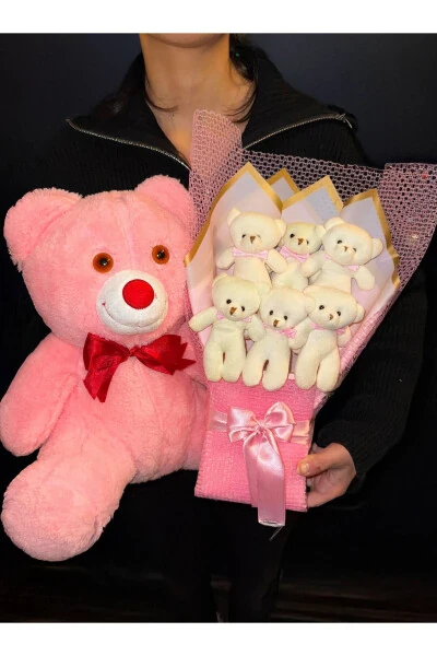 Gift for Girlfriend - 35cm Pink Teddy Bear and 6 Teddy Bear Bouquet - Birthday Gift - 3
