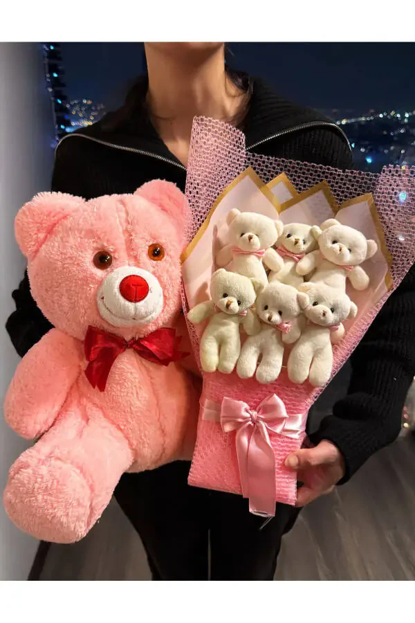 Gift for Girlfriend - 35cm Pink Teddy Bear and 6 Teddy Bear Bouquet - Birthday Gift - 4