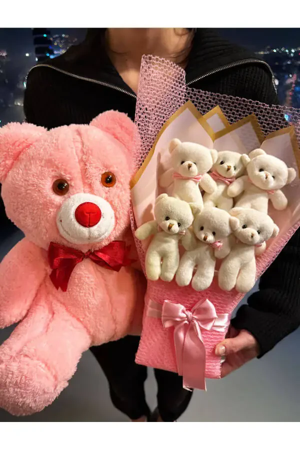 Gift for Girlfriend - 35cm Pink Teddy Bear and 6 Teddy Bear Bouquet - Birthday Gift - 5