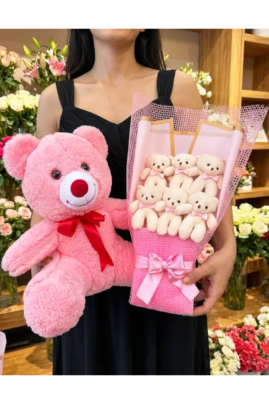 Gift for Girlfriend - 35cm Pink Teddy Bear and 6 Teddy Bear Bouquet - Birthday Gift - 2