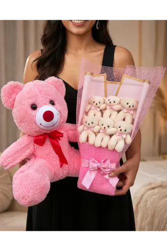 Gift for Girlfriend - 35cm Pink Teddy Bear and 6 Teddy Bear Bouquet - Birthday Gift - 5