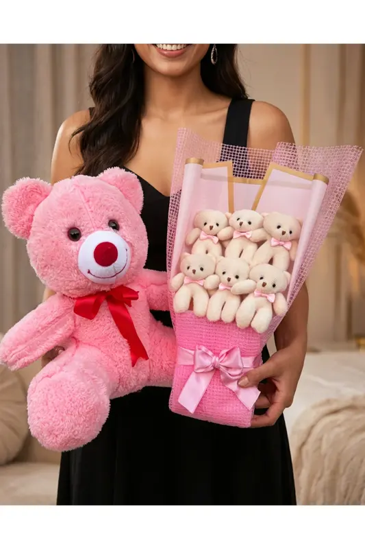 Gift for Girlfriend - 35cm Pink Teddy Bear and 6 Teddy Bear Bouquet - Birthday Gift - 5