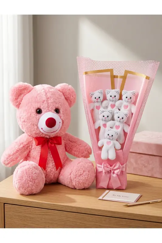 Gift for Girlfriend - 35cm Pink Teddy Bear and 6 Teddy Bear Bouquet - Birthday Gift - 2