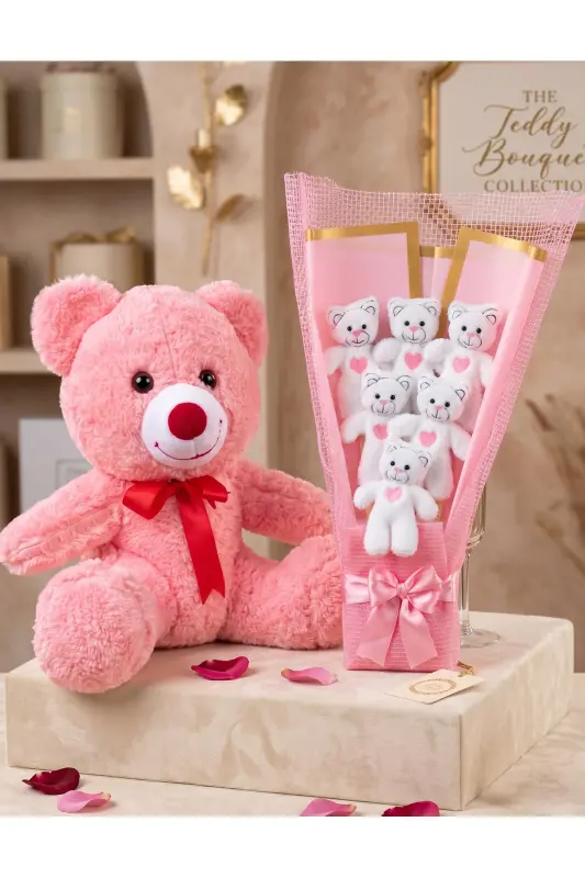Gift for Girlfriend - 35cm Pink Teddy Bear and 6 Teddy Bear Bouquet - Birthday Gift - 3