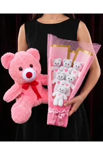 Gift for Girlfriend - 35cm Pink Teddy Bear and 6 Teddy Bear Bouquet - Birthday Gift - 6