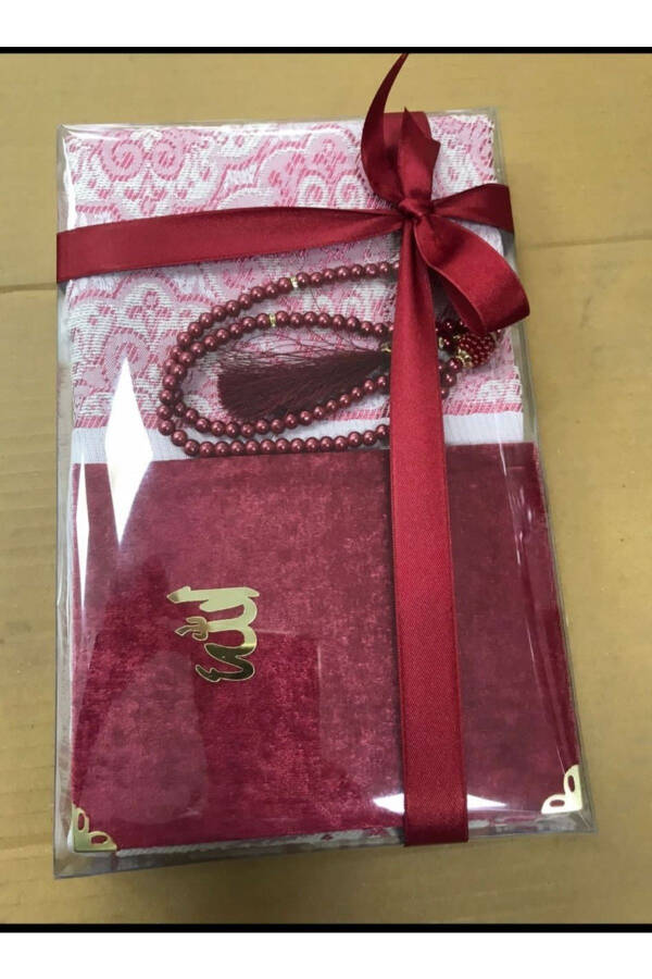 Gift Market Bridal and Groom Dowry Prayer Rug Set Pearl Tasbih Maroon Prayer Rug - 1