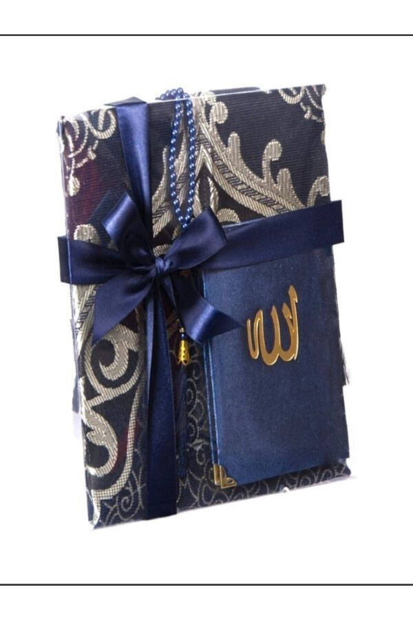 Gift Market Bridal Groom Trousseau Dowry Set Prayer Rug Set Pearl Prayer Rug Rosary Dark Blue - 1