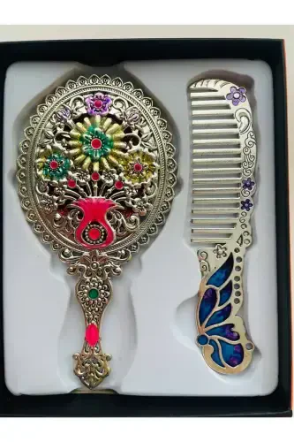 Gift Mirror Comb Set, Floral, Metal, 15x12-Colorful - GALATA GIFT (1)