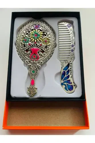 Gift Mirror Comb Set, Floral, Metal, 15x12-Colorful - 3