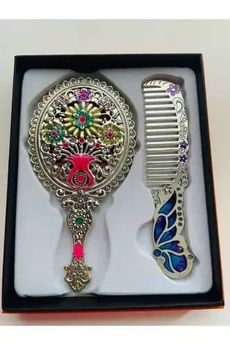 Gift Mirror Comb Set, Floral, Metal, 15x12-Colorful - 4