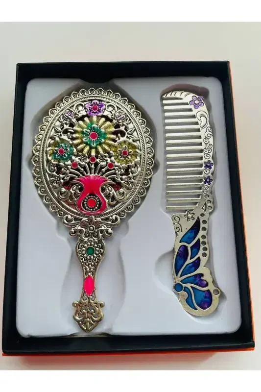 Gift Mirror Comb Set, Floral, Metal, 15x12-Colorful - 4