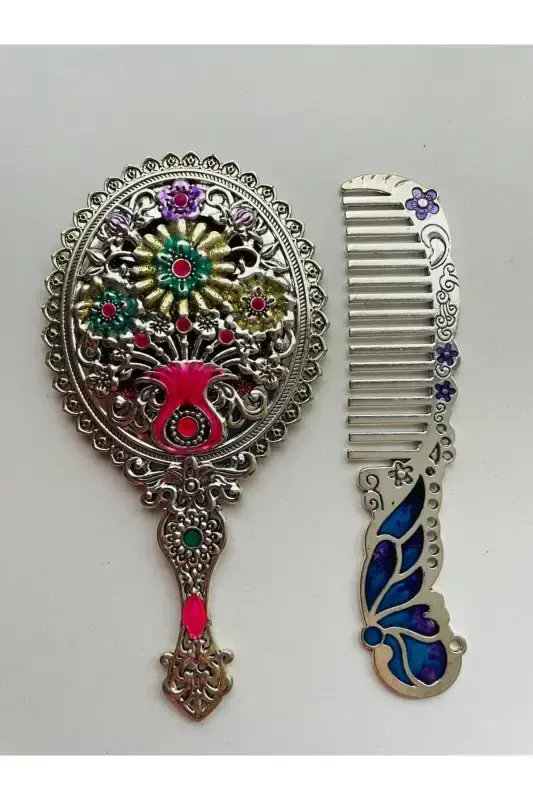 Gift Mirror Comb Set, Floral, Metal, 15x12-Colorful - 5