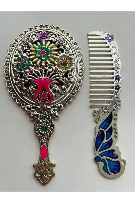 Gift Mirror Comb Set, Floral, Metal, 15x12-Colorful - 6