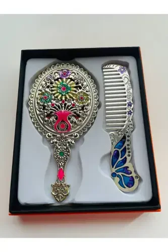 Gift Mirror Comb Set, Floral, Metal, 15x12-Colorful - 7